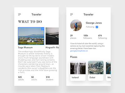 Traveler activity clean iceland minimal modern profile space travel ui ux white