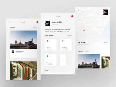 Photo Sharing cards clean design ios map minimal photo profile sharing ui ux white