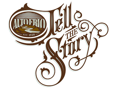 Tell The Story 100 years brown hand lettering light blue logo story