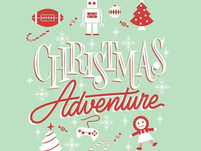 Christmas Adventure candy canes christmas trees doll football green illustration lettering logo red retro robot script snowflakes vector video games
