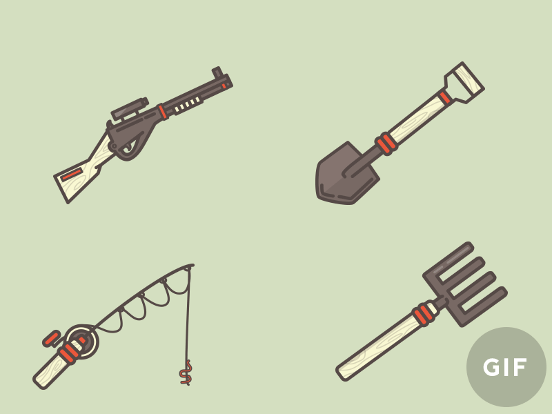 Zombie Apocaplyse Survival kit fishing rod gun icon illustration pitch fork shovel tools