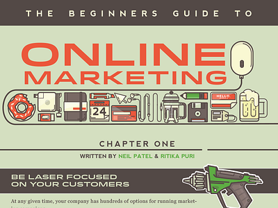 Beginners Guide to Online Marketing beer coffee doughnut floppy disk guide illustration marketing moleskin title