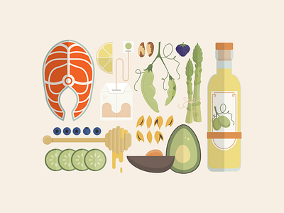 Aveeno Active Natural Ingredients asparagus avocado beauty blueberries brazil nuts cucumber fish honey illustration ingredients lemon olive oil