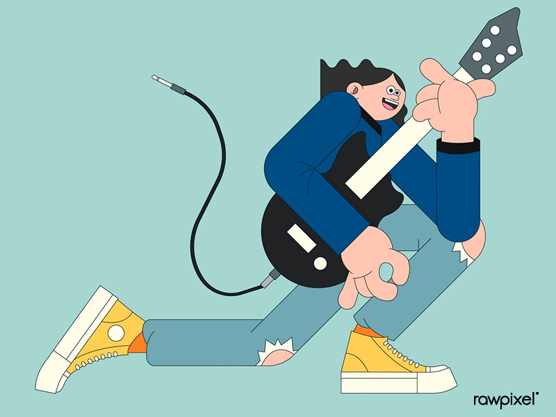 Young male guitarist character on mint green background vector vector design