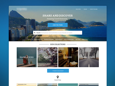 Homepage Mock collections destinations discover home homepage itinerary landing page search share travel travelers trips