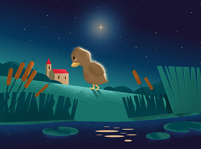 Ugly Duckling andersen art artwork character duckling illustration illustration art loner lovely melancholy night plants pond reflection shadows starry night tale village water wishing star