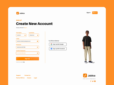 Sign Up page for Jubica 3d branding clean design form illustration landingpage logo minimal orange sign up page ui uiux website yellow
