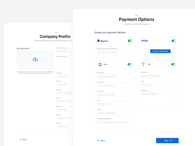 Onboarding Payment Option blue clean design input invoice minimal onboarding online toggle ui upload ux white