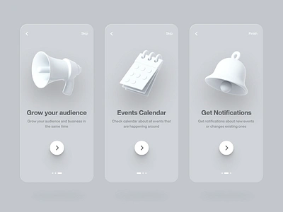 App Onboarding 3d app audience bell calendar clean design events minimal notification onboarding onboarding screens onboarding ui ui ux white