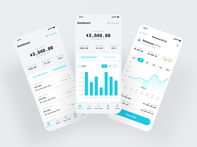 BrontoBot - Crypto investment app app blue card chart clean crypto wallet cryptocurrency design light list minimal mobile mobile app ui ux white