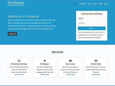 Firelands FCU blue credit union homepage landing page