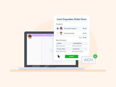 How to accept ACH payments on your website bank business computer cupcake flat illustration form illustration jotform online online shopping orange order payment ui vector website