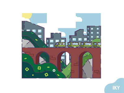 Train Morning bridge city design designer flat design flower grass illustration morning stone train vector