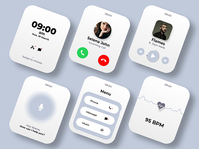 Smart Watch UI call clean creative design heartrate inspiration interactive interface menu minimal musicplayer smartwatch time typography ui uiux ux voiceassistant