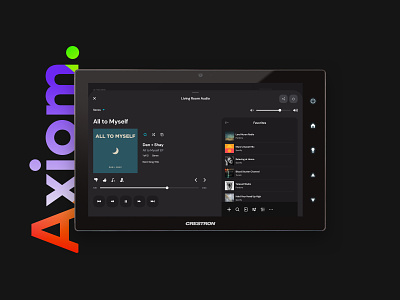 Axiom Crestron GUI - Audio app clean color crestron dark theme dark ui design home automation interface music music player smart home ui user experience user interface ux