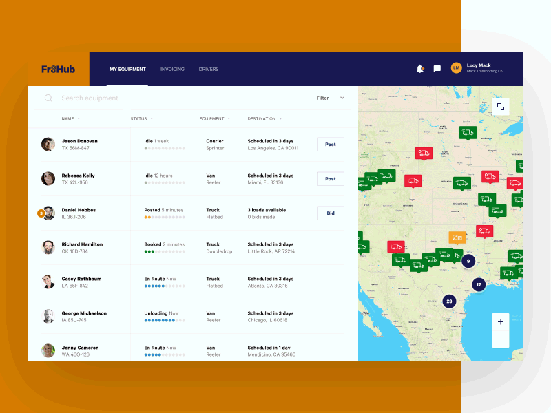 Fr8Hub Shipments in Progress animation app design layout map motion ui ux web