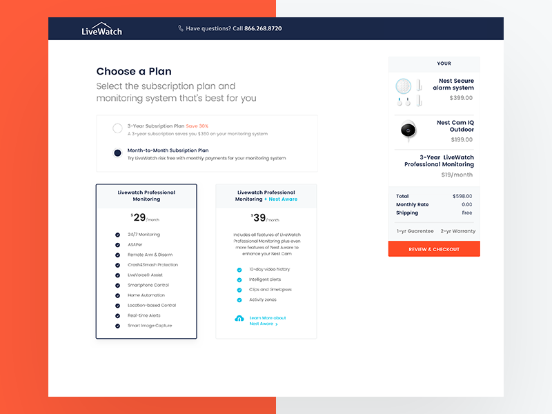 Nest with LiveWatch Monitoring - Checkout Page website web ui ux protect home security design product