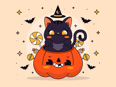 Halloween is coming! 2d art black cat character design flat freebie halloween halloween cat illustration pumpkin spooky trick or treat vector vector art