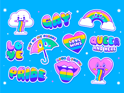 PRIDE ~stickers~ 🌈🏳️‍🌈✨ 2d art character design colorful cute flat gay illustration lettering lgbt lgbtq lgbtqia pride proud queer rainbow sticker stickers trendy vector