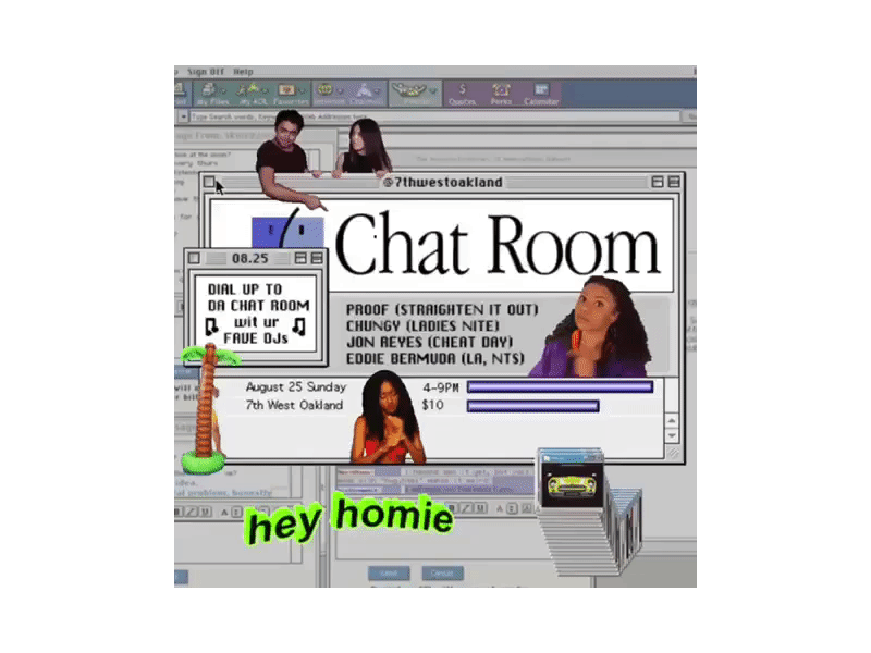 CHAT ROOM PARTY aim aol chat design dj flyer gif gif animation vintage web