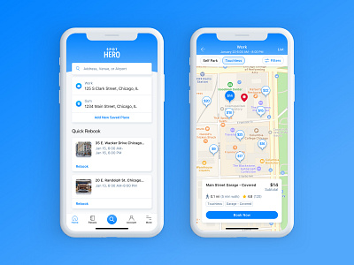 SpotHero Saved Places cards filters home screen ios map product product design search ui ux