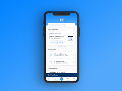 SpotHero Home Screen app branding card home screen illustration iphone x navigation parking product design search ui ux