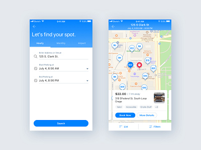 Let's find your spot app cards ios iphone x list map parking pins results search ui ux