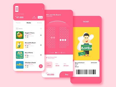 Cinema Ticket App app branding cinema design illustration minimal minimalist movie pink ticket typography ui ux