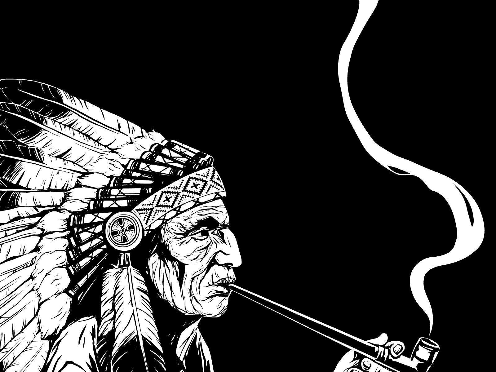 Оld Indian chief smoking a pipe 2d american indian animation black and white chief feathers headdress illustration native old people pipe portrait sketch smoke smoking tattoo thanksgiving day vector wild west