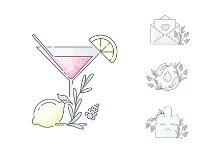 Illustrations for web site bag envelop flower glass hand illustration rosemary
