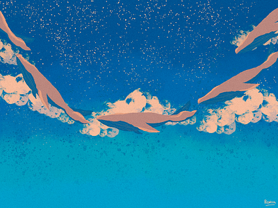 Anime Landscape #2 anime blue clouds flat illustration flatdesign grain texture illustration illustration art illustrator landscape illustration sky smooth stars wacom intuos warm colors whales whales illustrations