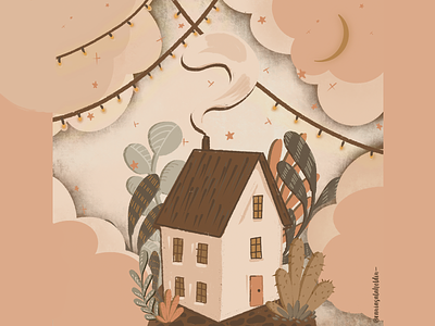 Tiny House In Canada autumn clouds flatdesign grain texture home sweet home house house illustration illustration illustration art lights lonely nature procreate procreate art stars texture warm colors wildflower