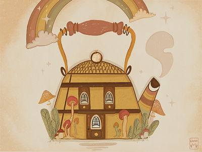 🍄🌿A little Tea Pot House 🌿 🍄 artwork clouds colorful home house illustration illustration art kettle magical mushrooms plants pot procreate tea tea cup tea time teapot texture