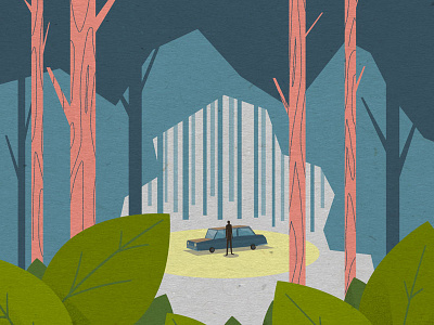 The Car In The Woods bark car color colour illustration leaves man trees woods