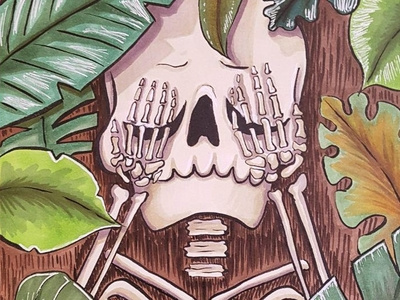 Worry copic drawing illustration leaves skeleton skull