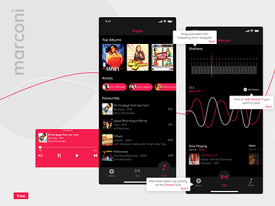 Marconi - Radio App UI button button design card design dark app dark mode dark theme dark ui free ui free ui kit freebie ios app design layout design music music app music app ui music player playlist radio app radio ui tags