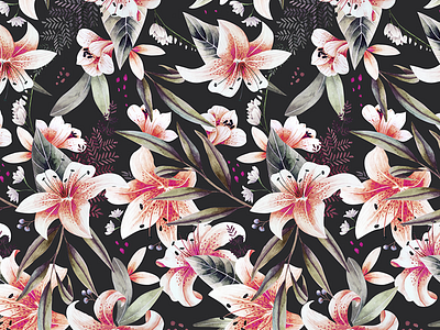 April Night print floral floral pattern floralprint illustration lilies painting pattern pattern art pattern design surfacedesigner watercolor