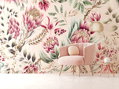 Protea Print Wallpaper decoration floral pattern floralprint illustration painting pattern pattern art pattern design surfacedesigner wall art wallpaper wallpapers watercolor