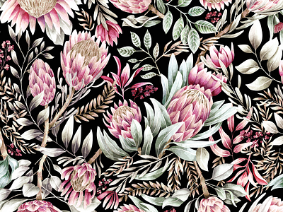 Protea Print Night floral floral pattern floralprint illustration painting pattern pattern art pattern design surfacedesigner watercolor