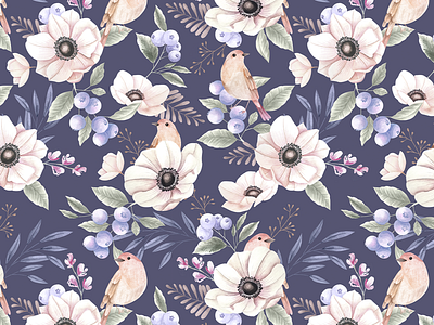 Berry Field Pattern | Blue birds floral floral pattern floralprint illustration painting pattern pattern art pattern design surfacedesigner watercolor