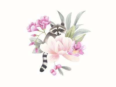 Raccoon Illustration decoration fine art floral floral pattern floralprint illustration painting pattern pattern art racoon surfacedesigner watercolor