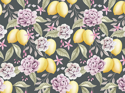 Lemon Party Pattern Dark acuarela floral pattern floralprint homdecor illustration lemons painting pattern surfacedesigner textile wallpaper watercolor