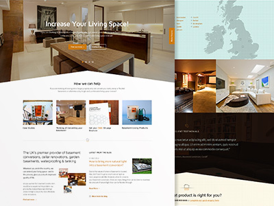 Basement Living clean landing orange web design website