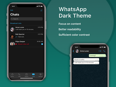 WhatsApp Dark Theme app branding color palette contrast dark dark app dark mode dark theme dark ui design minimal readability simple ui ux whatsapp