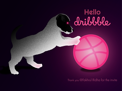 Hello Dribbble! ball design dog dribbble dribble eyes glowing hello hello dribble hellodribbble illustration illustrator playing puppy purple vector web