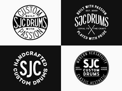 SJC Custom Drums - Badge Design badge badge design badge hunting brand design custom lettering drummer drums drumsticks gritty lettering typography