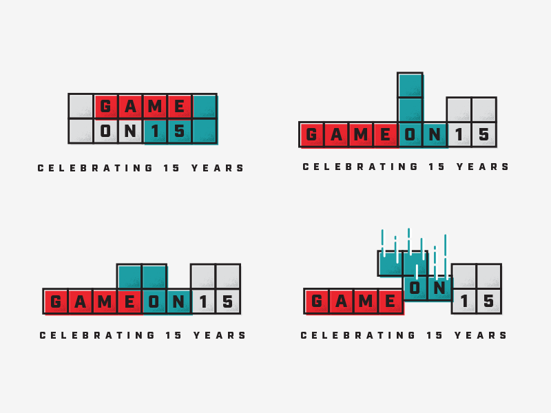 Game On (15th Anniversary) getdemlines stackdemblocks vector tetris logo illustration celebration branding brand party anniversary 15