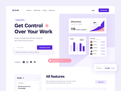 Draff | Project Management Landing Page hero hero section kanban kanban board landing landing page minimal minimal ui project management project management tool project manager software trend ui ui design user interface ux visual identity web design web page