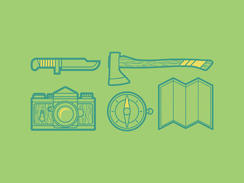 Camping Essentials icon camping vector illustrator woodgrain camera axe