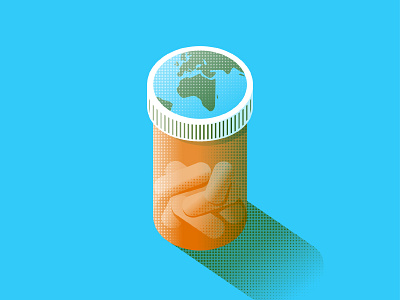 The Antidote to the World's Influence bottle earth editorial globe halftone illustration illustrator pills prescription